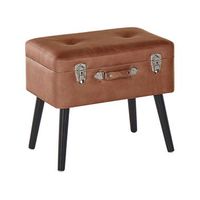 taburete con almacenaje tapizado en piel sintetica marron con patas negras diseno de maleta abotonado mallard
