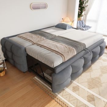 Cama Sofá Convertible Acolchada De Terciopelo Gris 90/180x190 Cm Con Somier De Lamas