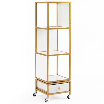 Costway Estantería Giratoria 4 Niveles con Ruedas 360° Cajón Tela Extraíble Estrecha Madera para Sala Estar Dormitorio Oficina Blanco+Dorado