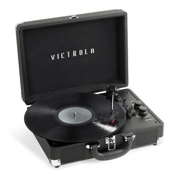 Tocadiscos de Maleta Victrola Journey+ Premium de 3 velocidades con Altavoces estéreo incorporados, admite Salida RCA, Entrada Auxiliar, Negro