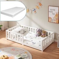 cama montessori infantil tanna con barandilla y colchon 80x160cm blanco encasa