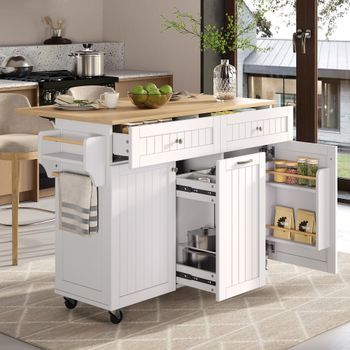 Isla De Cocina Con Ruedas, Encimera Efecto Madera Extensible, 140 Cm, Cajones Multifuncionales