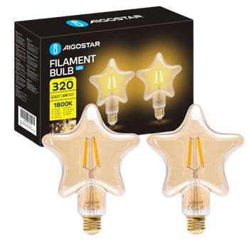 Aigostar - Bombilla LED E27 4W, Luz Cálida 1800K, 320 Lúmenes, Decorativa: Estrella, Bombilla Vintage de Tipo Edison con Filamento, Color ámbar, No regulable, Pack 2 Uds