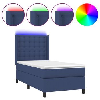Cama Box Spring Colchón Y Luces Led Tela Azul 90x190 Cm