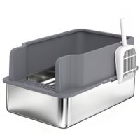 pawhut arenero para gatos de acero inoxidable l con bandeja de tamizado borde alto pala y 10 empapadores gris oscuro   aosom espana