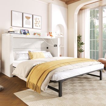 Cama Armario Móvil 140 X 200 Cm Tapizada En Lino Beige Con Cajón Y Carga Usb-c