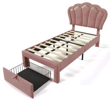 Cama Individual Infantil Con Led 90x200 Cm, Cajones, Control Por App, Cabecero Ajustable Y Somier, Terciopelo Rosa (sin Colchón)