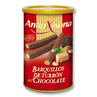 caja de 12 latas de barquillos de turron al chocolate antiu xixona