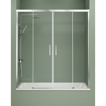 Mampara Bañera Frontal Corredera 2 Puertas - 2 Fijos Cromo | Cristal De 6mm | Antical | 140-180cm | Transparente - Cromo Brillo - Transparente 145 Cm (adaptable 139-144cm)