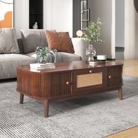 mesa de centro de ratan con cajones puertas de madera y patas macizas 110 x 55 x 385 cm