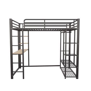 Cama Alta 90*200 - Cama Infantil Con Escalera Y Mesa Con Suspensión Simple Y Compartimentos De Almacenamiento - Negra