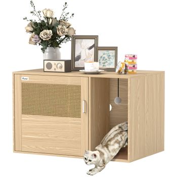 Mueble Arenero para Gatos Caja de Arena para Gatos con Almohadilla para Rascar y Puerta de Ratán 80x50x50 cm Roble