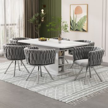 Sillas De Comedor Giratorias Pack De 6 - Mueble De Salón - Terciopelo - Gris Y Plata