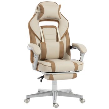 HOMCOM Silla Gamer Reclinable con Altura Ajustable Reposapiés Retráctil Soporte Lumbar y Reposacabezas Desmontable Crema