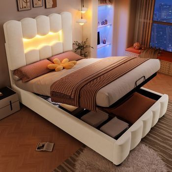 Cama Tapizada Para Adultos Con Iluminación Led, Cabecera Ajustable, Mecanismo Hidráulico, Terciopelo Beige, 90x200 Cm