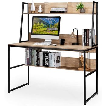 Escritorio Para Computadora Con Aparador Y Estantería, Costway 120 X 57 X 140 Cm Natural