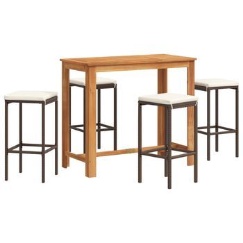 Mesa Y Taburetes De Jardín 5 Uds | Conjunto De Mesa Y Sillas Madera Acacia Ratán Pe Marrón