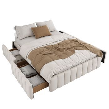 Cama Tapizada 140 X 200 Cm Con 4 Cajones - Sin Cabecero - Terciopelo - Beige
