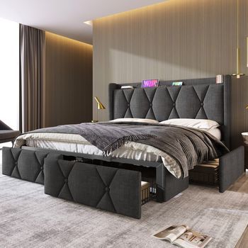 Cama Doble Tapizada Con Cabecero De Carga Usb Y 4 Cajones, 160x200 Cm, Somier De Listones De Madera, Gris, Sin Colchón