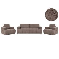 conjunto de sala de estar 5 plazas tapizado en boucle con reposabrazos sofa y sillones estilo japandi moderno gris pardo narilla