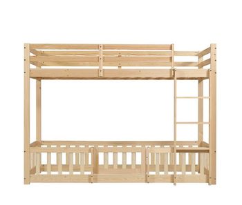 Cama litera 90x200 - escalera en ángulo recto, barandilla y puerta, protección anticaídas, espacio libre debajo - natural