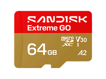 Tarjeta Micro SD - SANDISK Extreme GO, 64 GB, Hasta 170 MB/s de lectura, UHS-I, Vídeos en 5K y 4UHD, U3, V30, A2, C10, Apta Drones, Oro