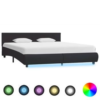 Cama Matrimonial | Cama Doble | Estructura De Cama Con Led Cuero Sintético Negro 160x200 Cm Cfw92208