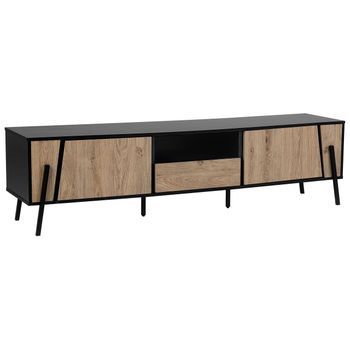 Mueble Tv Color Madera Clara Y Negro 177 Con 2 Armarios 1 Balda 1 Cajón Espacio Para Cables Estilo Moderno Blackpool