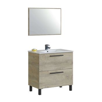 Mueble Baño Athena Aseo 3 Cajones Roble Alaska Espejo Industrial 80x45 Cm Con Lavamanos Cerámico