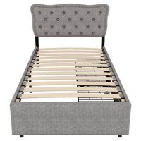 cama tapizada en tela de lino con 2 cajones 90x200cm cabecero decorado con remaches gris