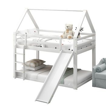 Cama Infantil De Pino Y Mdf Con Tobogán, Litera Tipo Casa De 205 X 220 Cm, Blanca