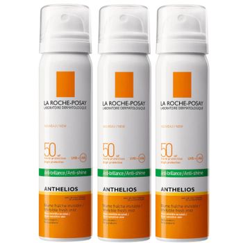 Trío de brumas faciales de protección solar Anthelios Anti-Shine Invisible con FPS 50+ de La Roche-Posay 75 ml