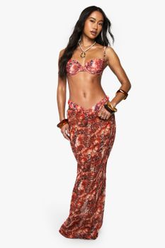 Falda Maxi Para La Playa Premium De Malla Con Estampado Abstracto, Naranja