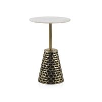 mesa auxiliar con base de metal oro antique sobre de marmol