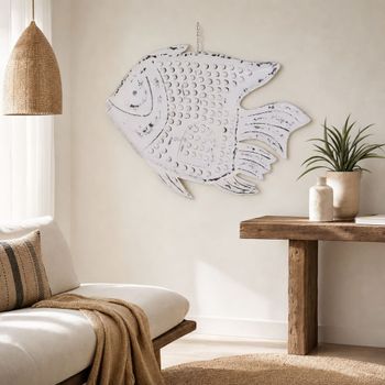 Decoración de pared pez de acero blanco 108x16x80 cm