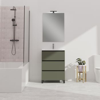 Conjunto De Baño Wink | 70 Cm Verde Musgo | Tres Cajones | Lavabo Empotrado | Mueble Montado | No Incluye Espejo | Alday