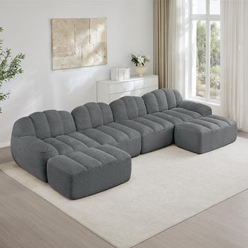 Sofá Modular En U 4 Plazas Con 2 Chaise Longue Forma Concha Espuma Alta Densidad 32d Asiento Profundo Tejido Suave Gris