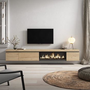 Mueble tv efecto madera roble 288x35x45cm chimenea efecto fuego