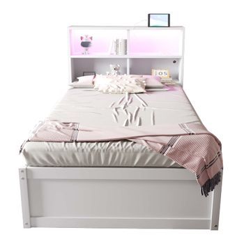 Sofá Cama 90*200 - Con Múltiple Toma De Corriente, Varios Compartimentos De Almacenamiento, Tira De Luz, Cama Hidráulica, Cama De Madera Maciza, Cama Individual, Cama Multifuncional De Madera - Blanco