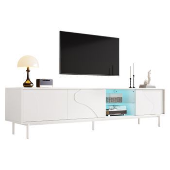 Mueble Para Tv Blanco 180 Cm Con Luces Led, Puertas Correderas Y Estante De Cristal, Mdf