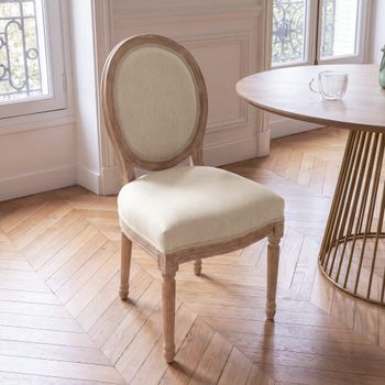 Silla de comedor de lino beige con respaldo medallón