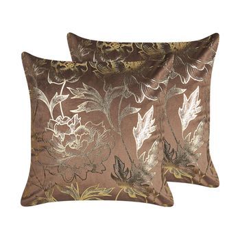 Conjunto De 2 Cojines De Terciopelo Marrón Dorado 45 X 45 Cm Floral Daffodil
