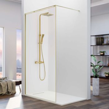 Panel Fijo De Ducha Fresh Arena Oro Cepillado  90 Cm Barra En L
