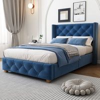 cama tapizada 90x200 cm con cabecero - terciopelo - decorada con botones y remaches - azul colchon no incluido
