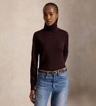 Polo Ralph Lauren para mujer. 211B17732001 Jersey de lana con cuello vuelto marrón (L), Casual, Manga larga
