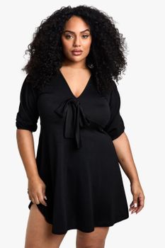 Vestido Plus Skater Con Nudo Frontal, Negro
