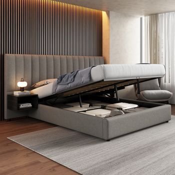Cama Tapizada Hidráulica Doble 160x200 Cm Con Dos Mesas De Noche Y Almacenamiento, Somier De Listones De Madera, Lino Gris Y Negro