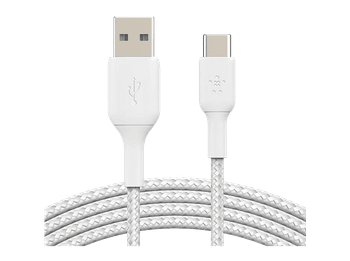 Cable USB - Belkin trenzado USB-C a USB-A, 1m, 15 W, Compatibilidad Universal, Blanco