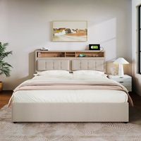 cama doble de 160x200 cm con almacenamiento puerto usb-c cabecero ajustable somier incluido estructura de lino color beige