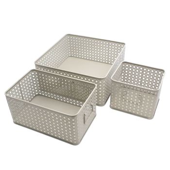 Juego de 3 cestas de almacenamiento de metal color beige, 32x32x14 cm